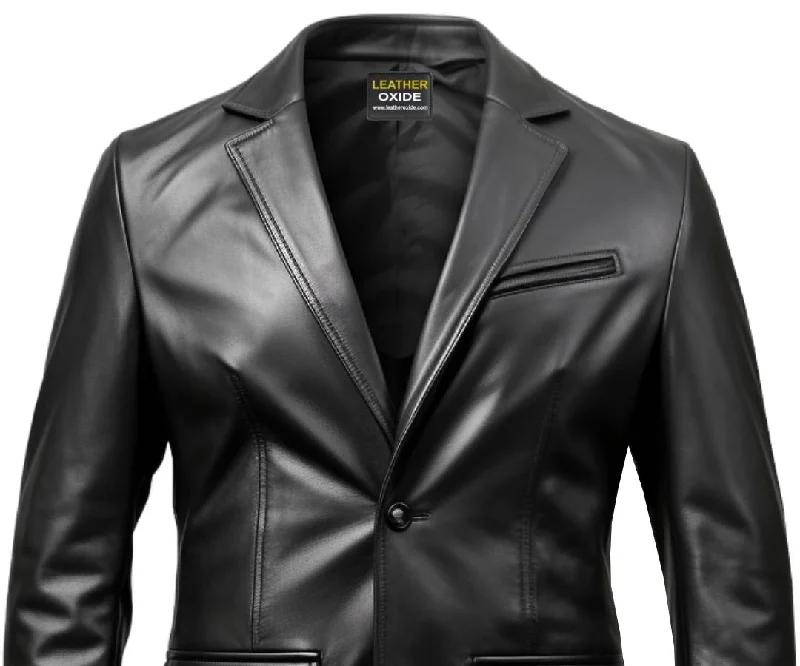 Two Button Men Black Leather Blazer - Leather Blazer for Men