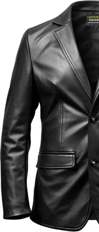 Two Button Men Black Leather Blazer - Leather Blazer for Men