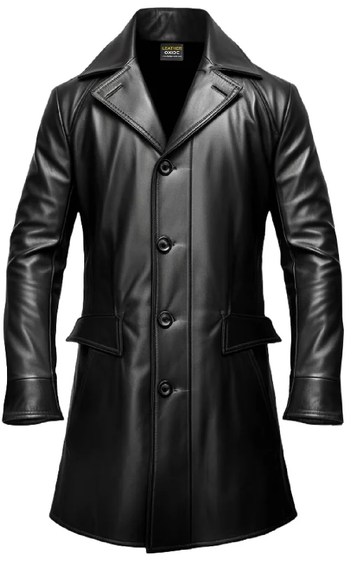 Men Black Leather Coat- Long Leather Coat