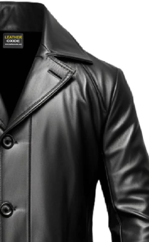 Men Black Leather Coat- Long Leather Coat