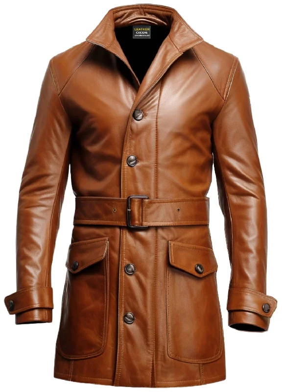 Men Vintage Big Pockets Tan Brown Leather Coat - Leather Long Coat