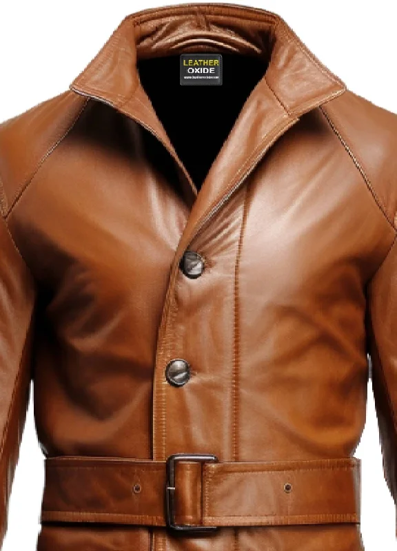 Men Vintage Big Pockets Tan Brown Leather Coat - Leather Long Coat