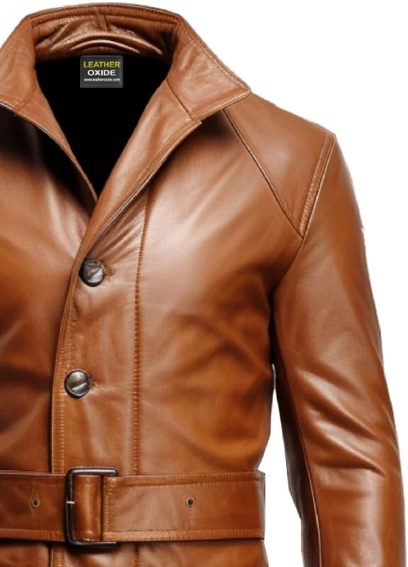 Men Vintage Big Pockets Tan Brown Leather Coat - Leather Long Coat