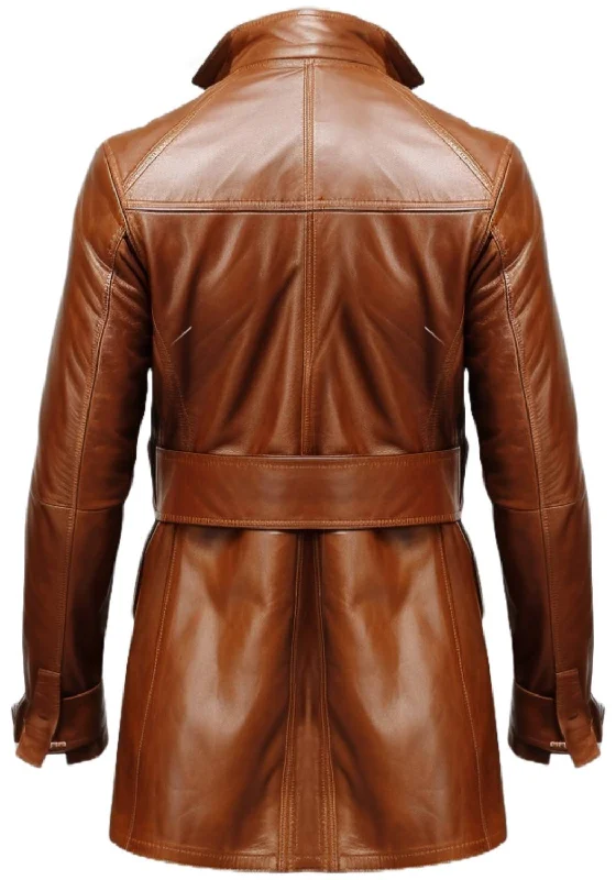 Men Vintage Big Pockets Tan Brown Leather Coat - Leather Long Coat