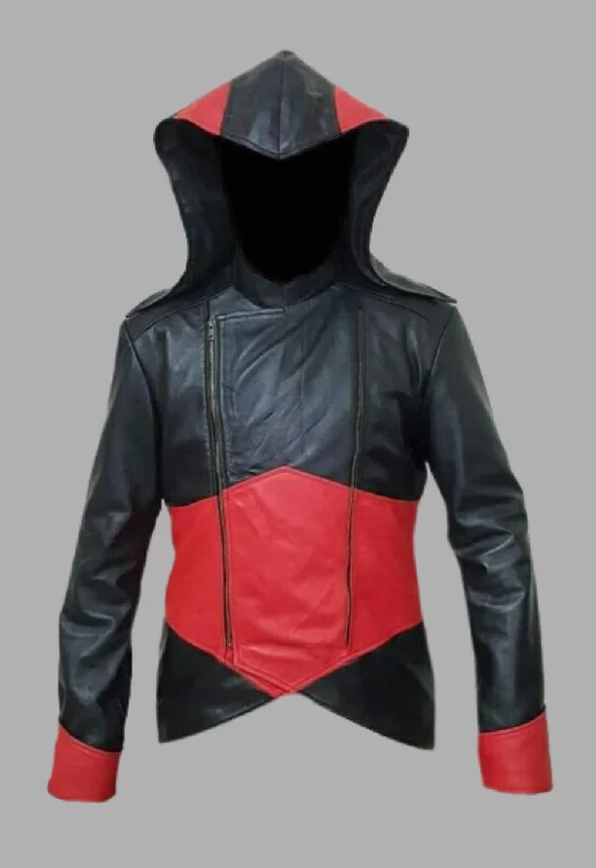 Mens Black and Red Removable Hoodie Creed Leather Coat Jacket