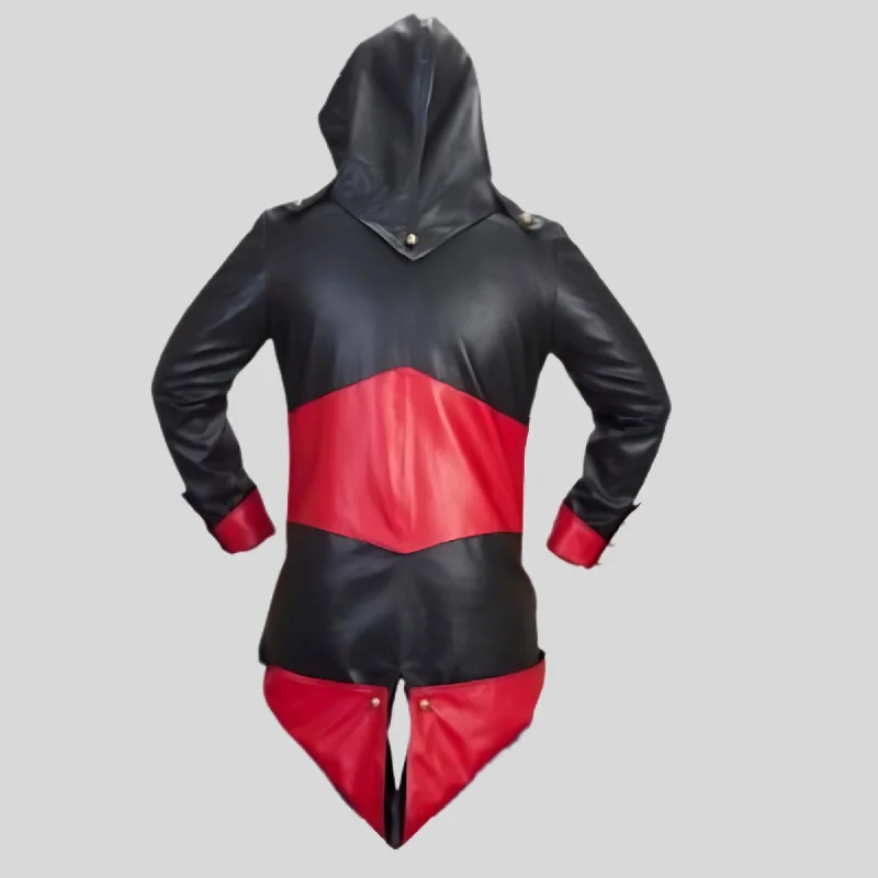 Mens Black and Red Removable Hoodie Creed Leather Coat Jacket