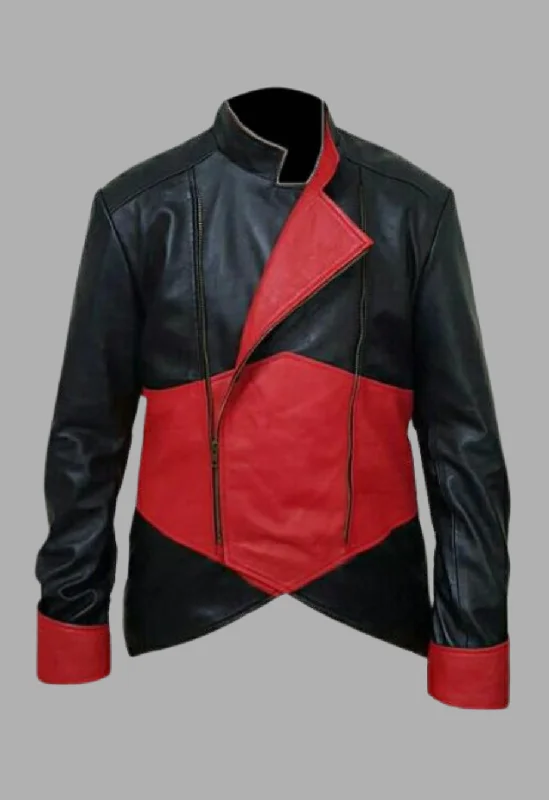 Mens Black and Red Removable Hoodie Creed Leather Coat Jacket