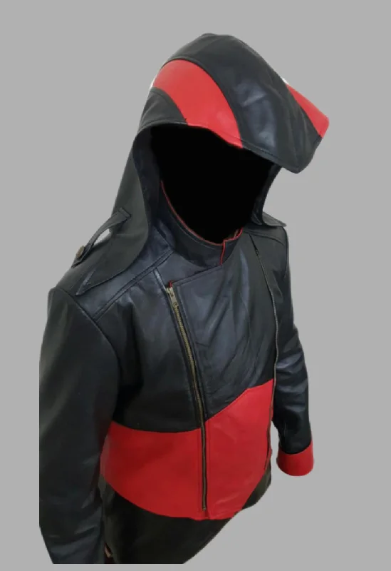 Mens Black and Red Removable Hoodie Creed Leather Coat Jacket