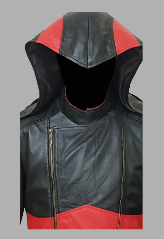 Mens Black and Red Removable Hoodie Creed Leather Coat Jacket