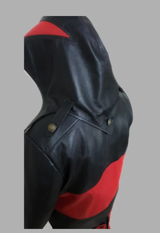 Mens Black and Red Removable Hoodie Creed Leather Coat Jacket