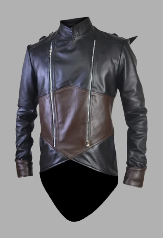 Mens Dorian Quilted Creed Removable Hoodie Black And Brown Leather Jacket