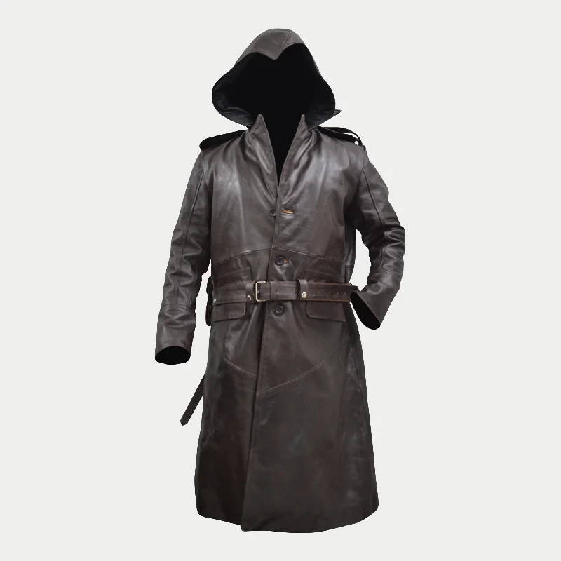 Mens Fashion Black Creed Hoodie Style Leather Jacob Coat