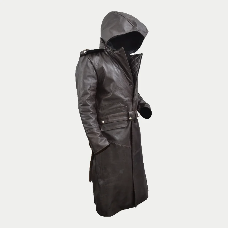 Mens Fashion Black Creed Hoodie Style Leather Jacob Coat