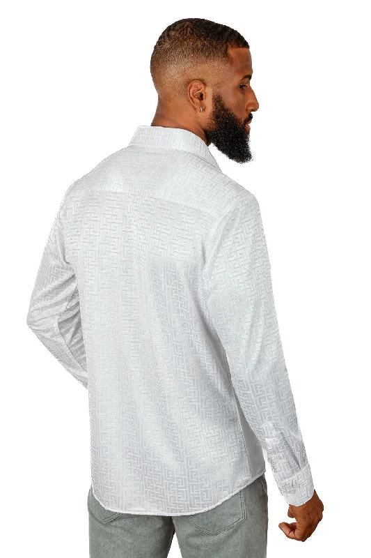 Barabas White Embroidered Greek Key Button Up Shirt