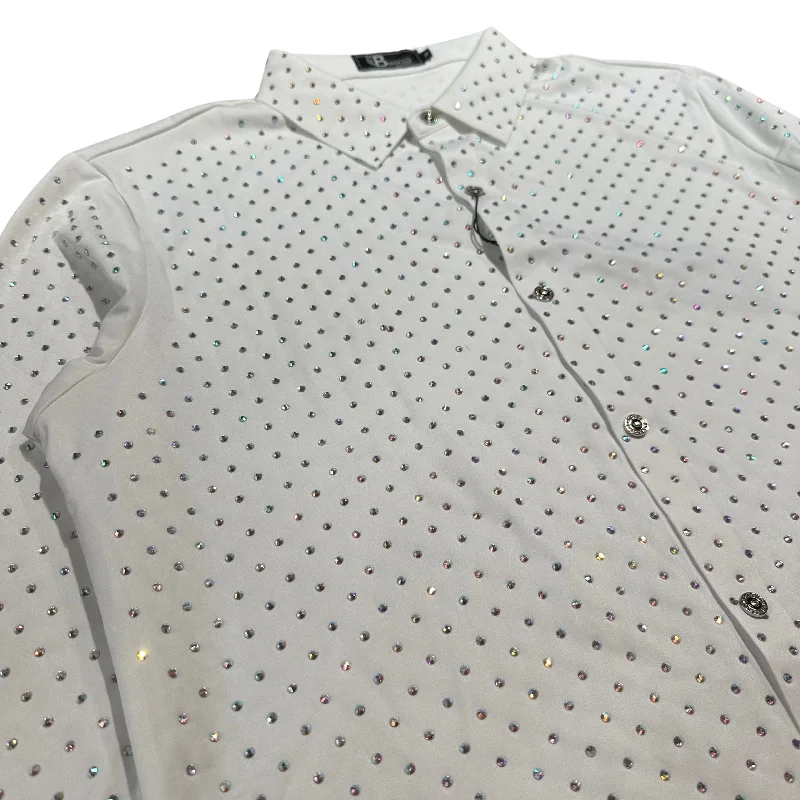 Barocco White Fully Loaded Iridescent Crystal Button Up Shirt