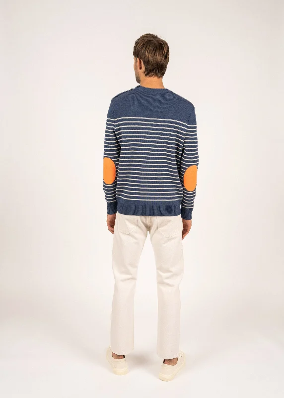 Binic striped sailor jumper - with contrasting elbow patches (JEAN/ECRU/ORANGE FLUO)