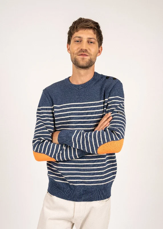 Binic striped sailor jumper - with contrasting elbow patches (JEAN/ECRU/ORANGE FLUO)