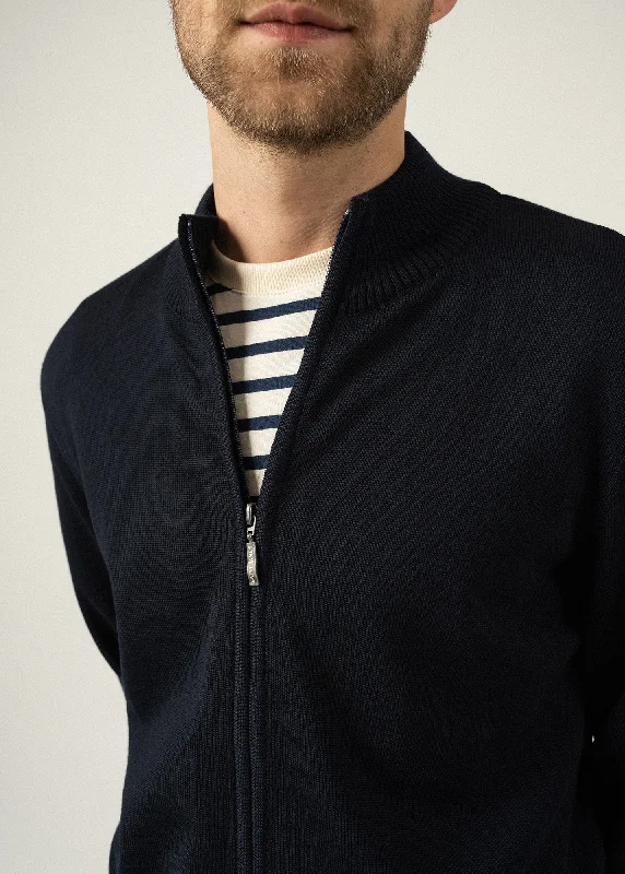 Colorado zipped cardigan - high-necked, in merino wool (NAVY/GRIS)