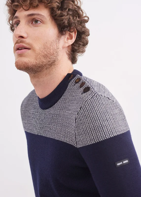 Dinan bicolour sailor jumper - with jacquard elbow patches, in pure new wool (MARINE/ECRU)