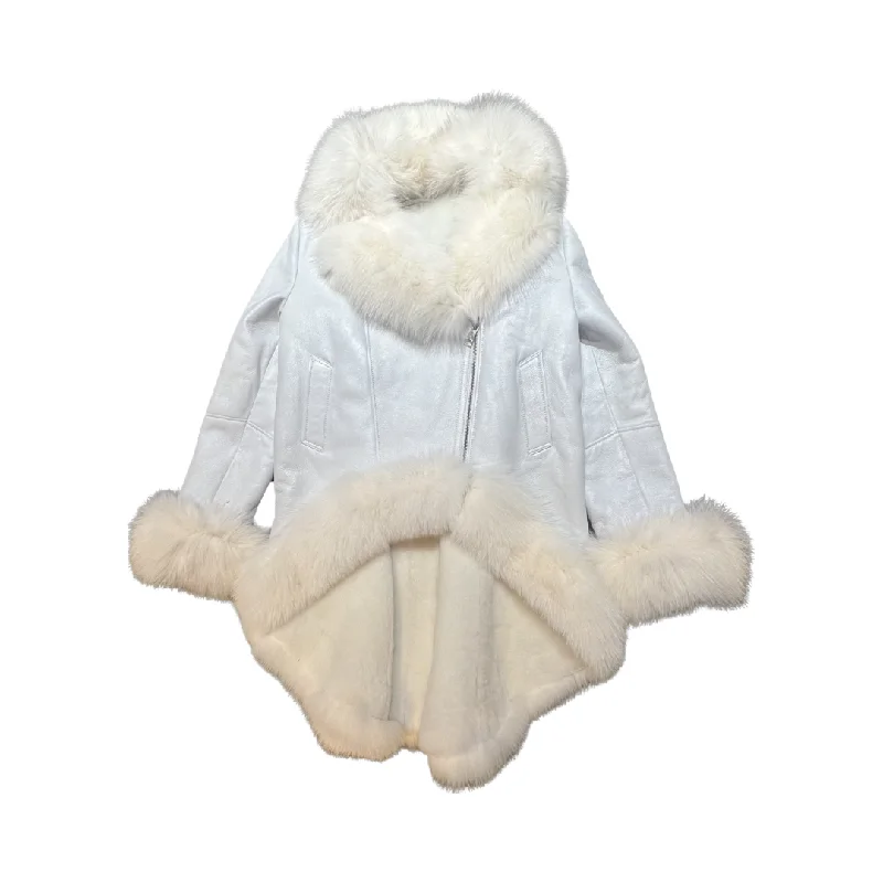 Kashani Ladies White Fox Cropped Long Trench Shearling Coat