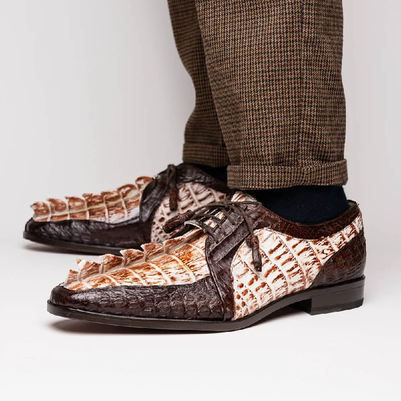 Marco Di Milano Caribe Rustic White / Brown Caiman Crocodile Tail Dress Shoes