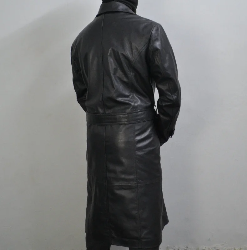 Men's Black Genuine Leather Mid-Length Belted Trench Coat