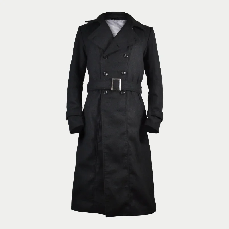 Men's Black Long Double-Breasted Belted Genuine Wool Coat