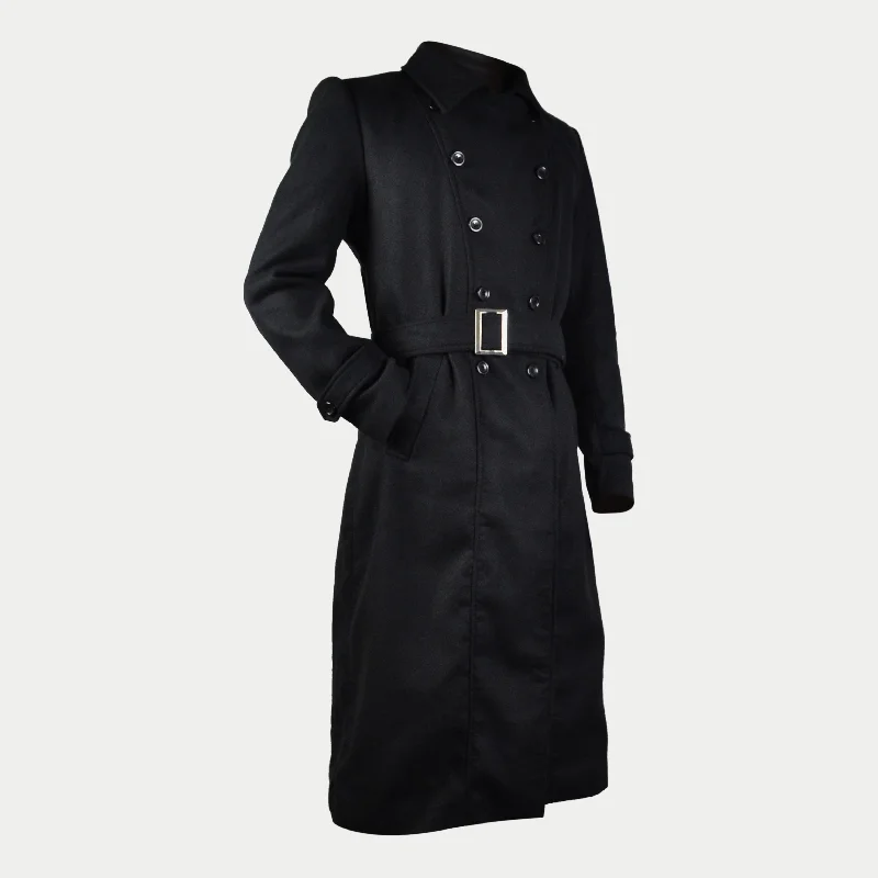 Men's Black Long Double-Breasted Belted Genuine Wool Coat