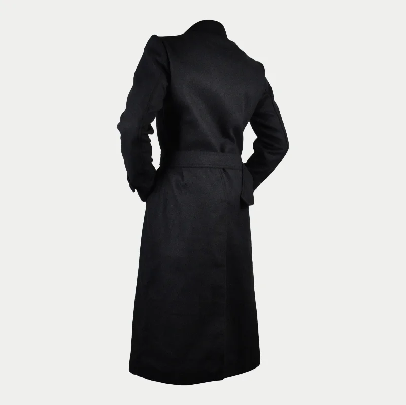 Men's Black Long Double-Breasted Belted Genuine Wool Coat