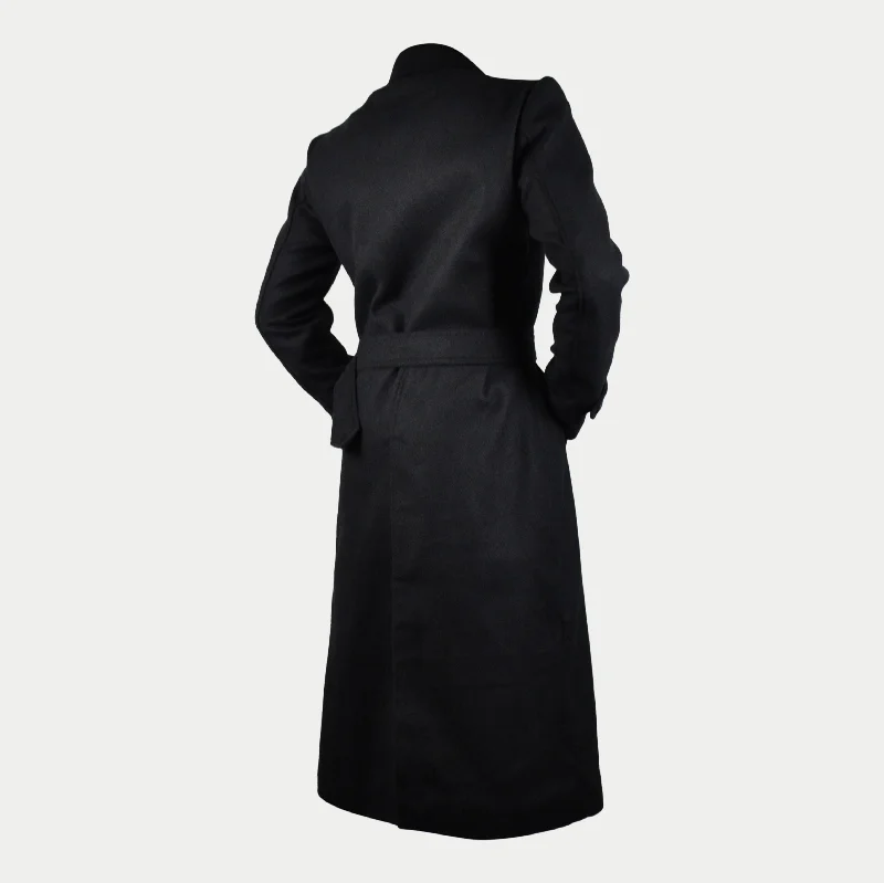 Men's Black Long Double-Breasted Belted Genuine Wool Coat