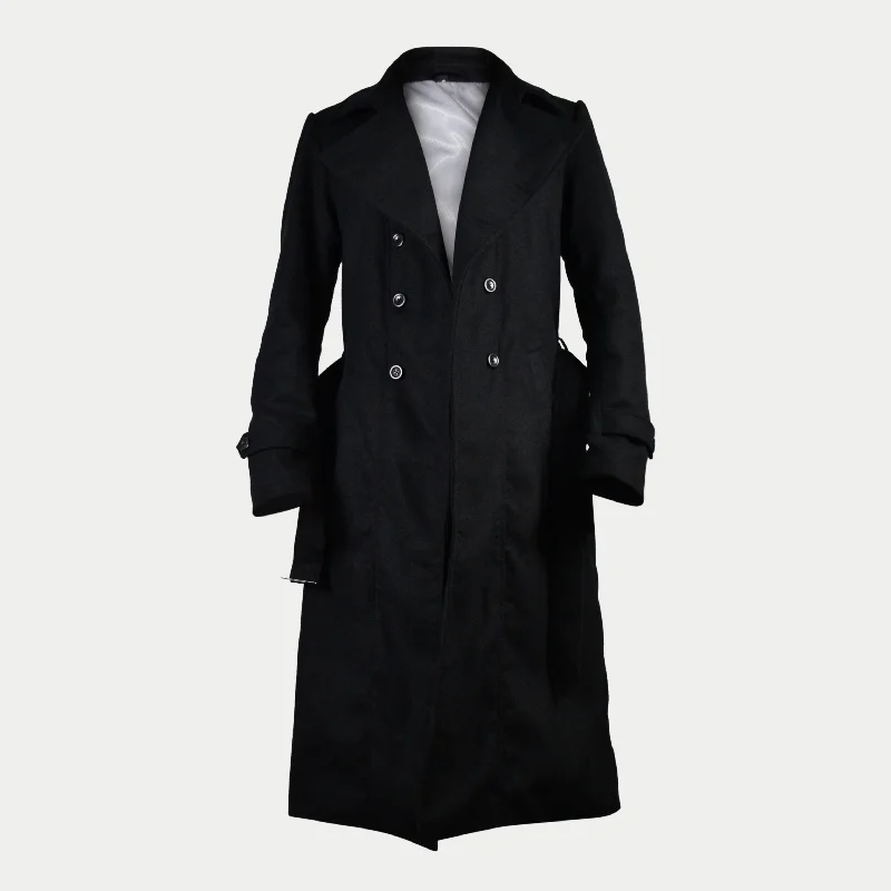 Men's Black Long Double-Breasted Belted Genuine Wool Coat