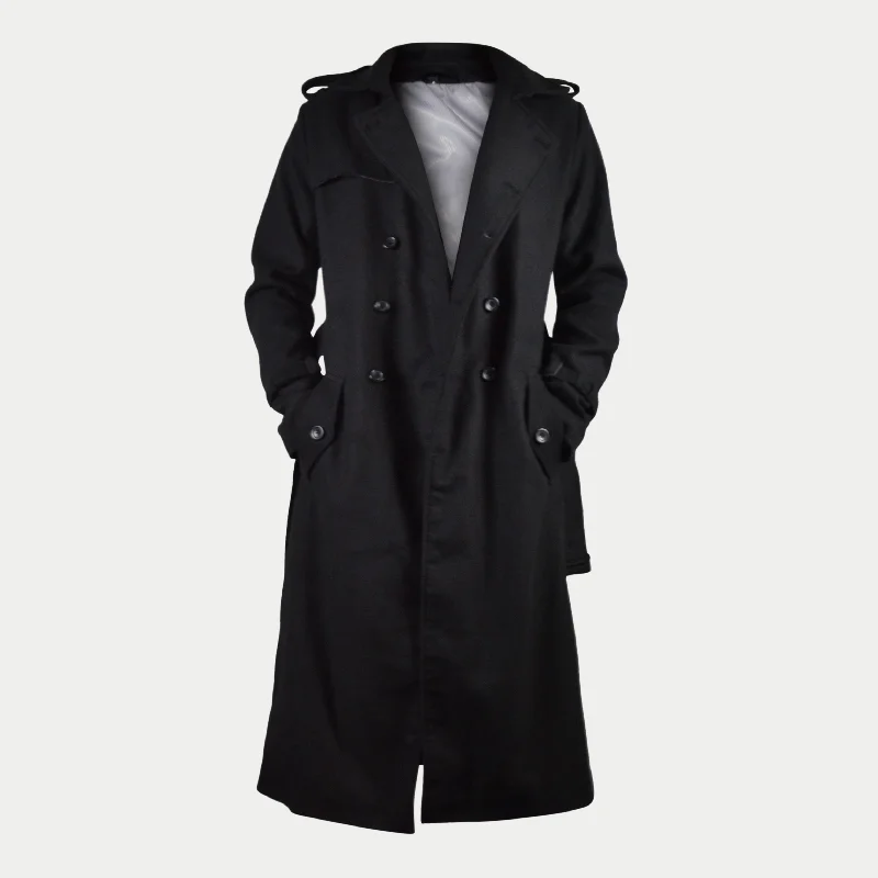 Men's Black Long Double-Breasted Belted Real Wool Coat