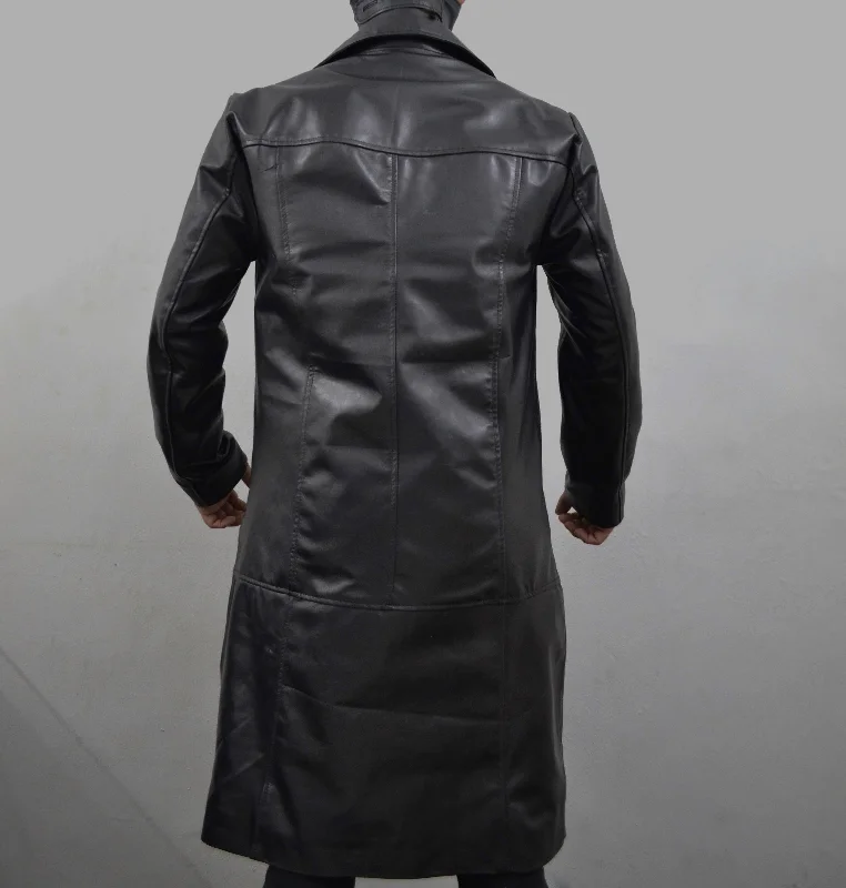 Men's Black Long Genuine Leather Buttoned Casual Trench Coat