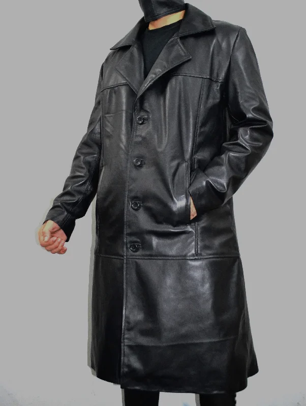 Men's Black Long Genuine Leather Buttoned Casual Trench Coat