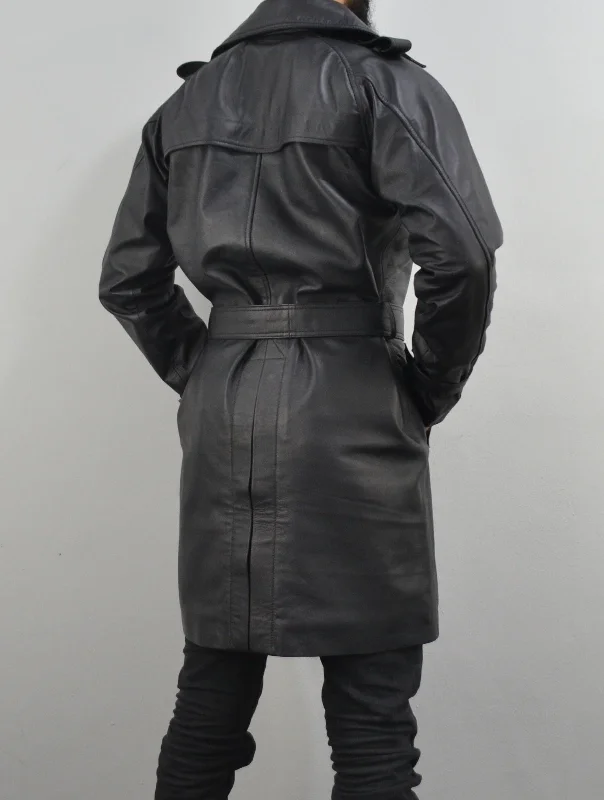 Men's Black Double-Breasted Mid-Length Belted Genuine Leather Coat