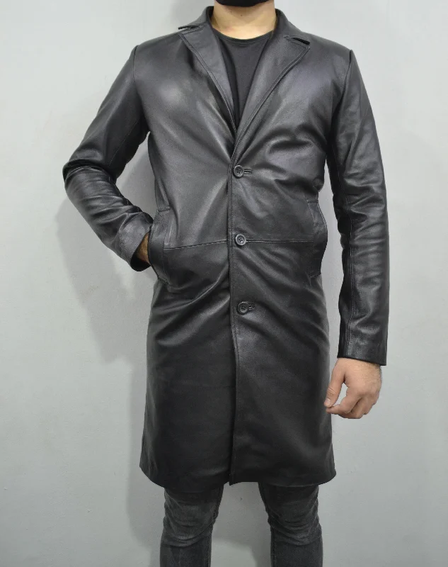 Men's black Mid-Length Genuine Lambskin Leather Trench Coat