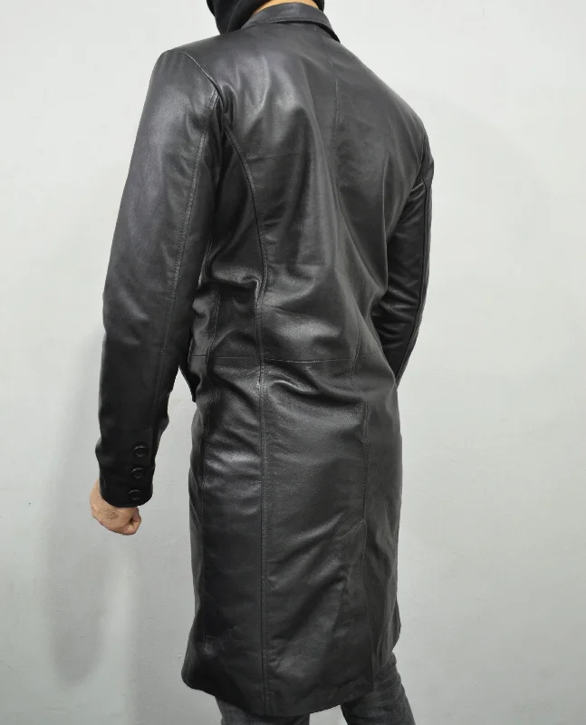 Men's black Mid-Length Genuine Lambskin Leather Trench Coat