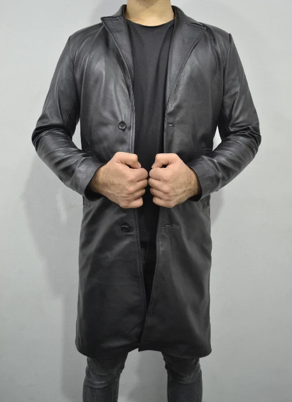 Men's black Mid-Length Genuine Lambskin Leather Trench Coat