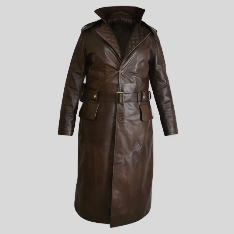 Men's Black Quilted Brown Long Hooded Genuine Leather Coat