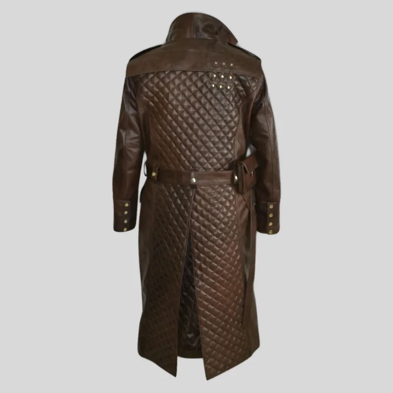 Men's Black Quilted Brown Long Hooded Genuine Leather Coat