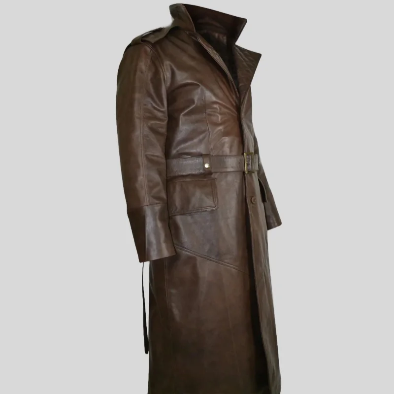 Men's Black Quilted Brown Long Hooded Genuine Leather Coat