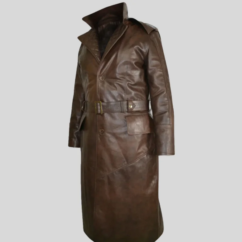 Men's Black Quilted Brown Long Hooded Genuine Leather Coat