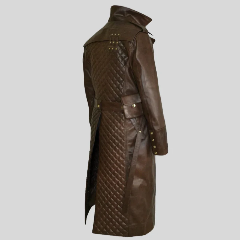 Men's Black Quilted Brown Long Hooded Genuine Leather Coat