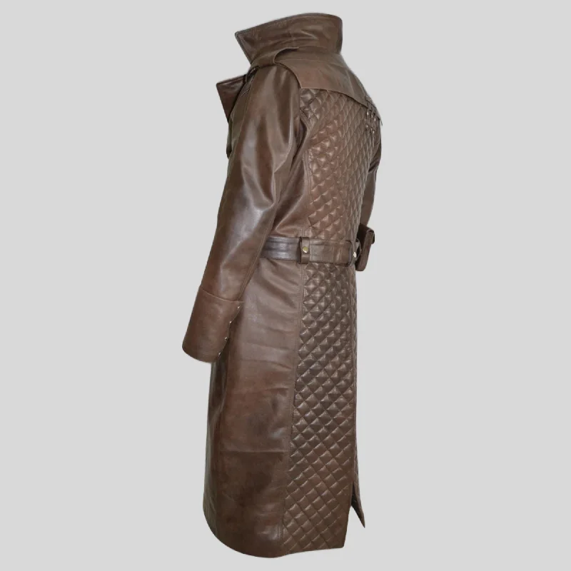 Men's Black Quilted Brown Long Hooded Genuine Leather Coat