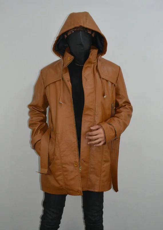 Mens Brown Ankle Length Slim Fit Hooded Leather Coat