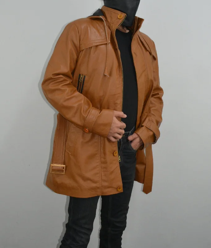 Mens Brown Ankle Length Slim Fit Hooded Leather Coat