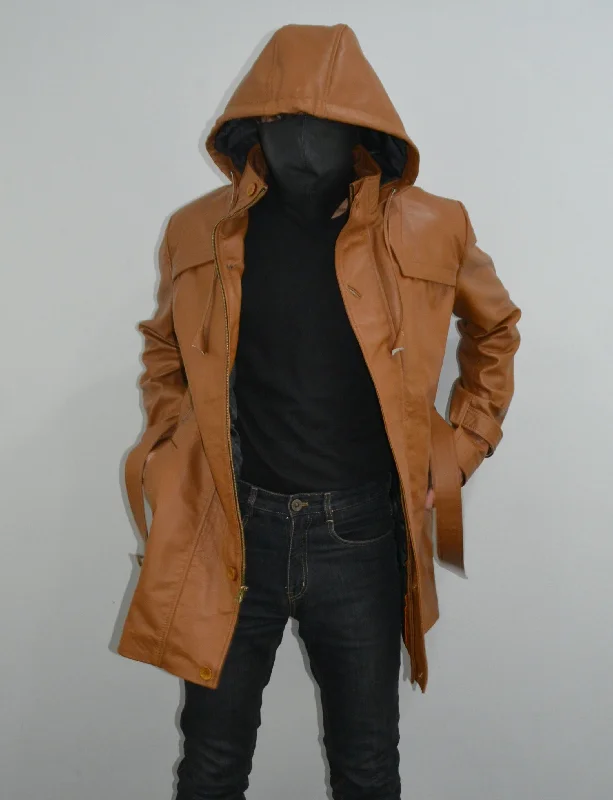 Mens Brown Ankle Length Slim Fit Hooded Leather Coat