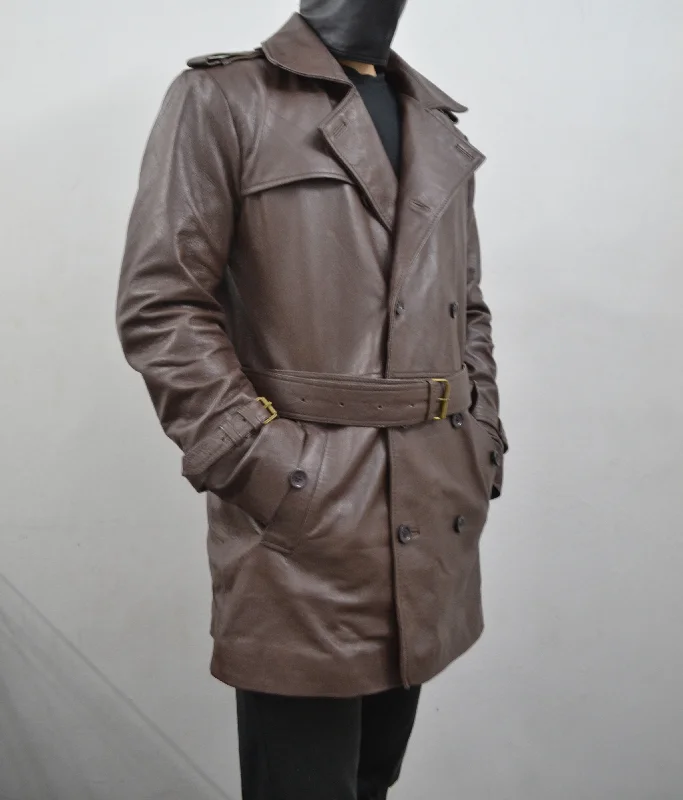 Men's Brown Belted Mid-Length Genuine Sheepskin Leather Trench Coat