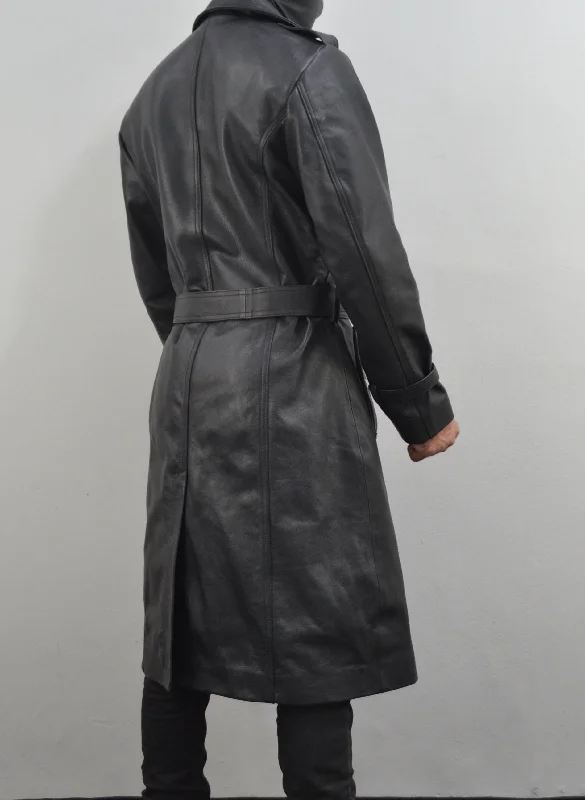 Men's Classic Belted Single Breasted Black Genuine Leather Trench Coat