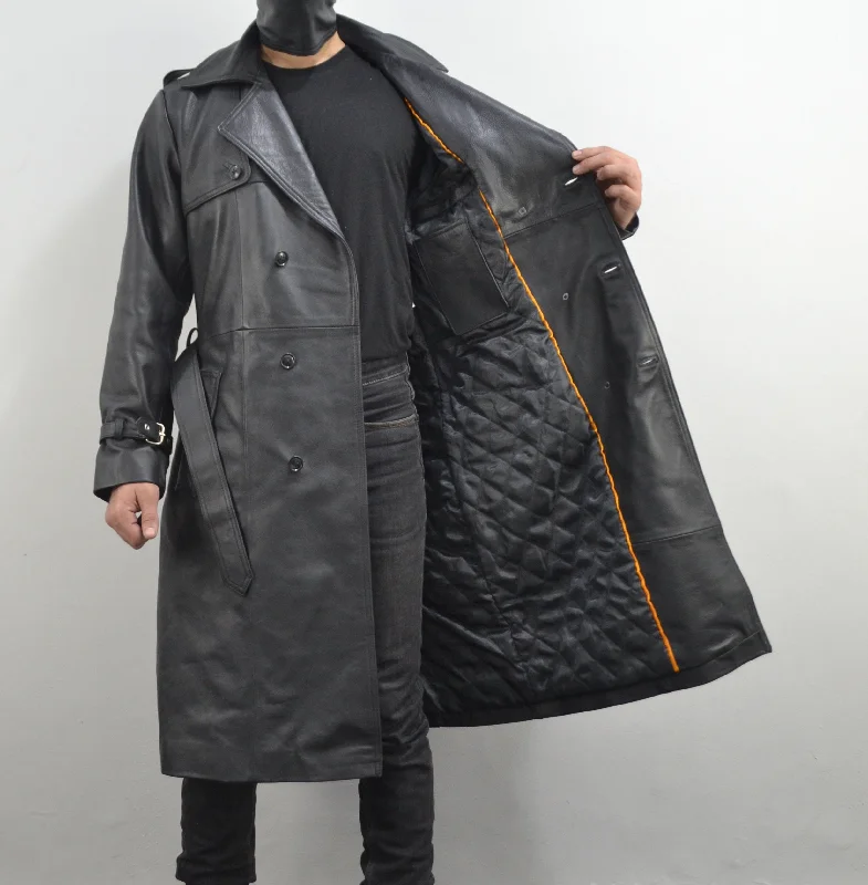 Men's Classic Belted Single Breasted Black Genuine Leather Trench Coat